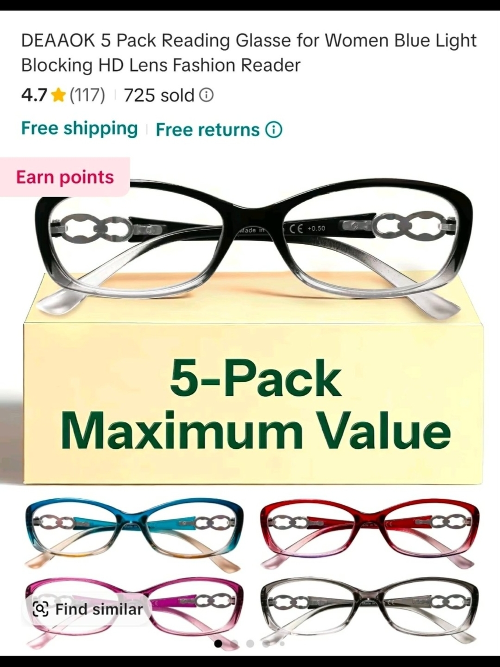 Women’s Blue Light Reading Glasses - 5 Pack (Black, Blue, Red, Pink, Gray)